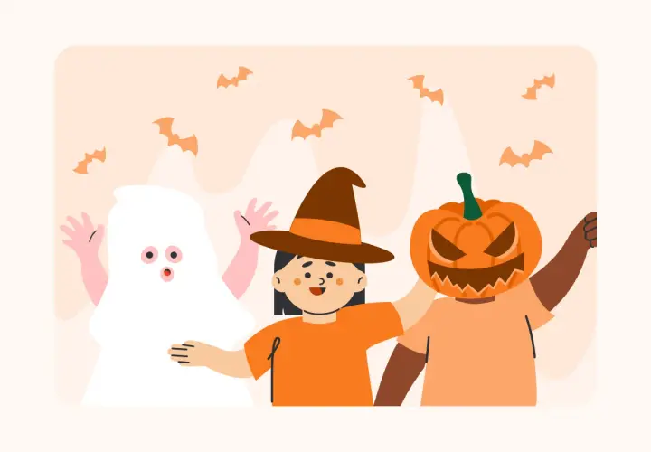 Kinder verkleidet als Geist, Hexe und Kürbis für Halloween basteln in der Kita. Fledermäuse fliegen.