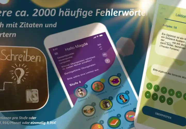 App zum spielerischen Rechtschreibung lernen mit Zitaten. Trainiere ca. 2000 Fehlerwörter.
