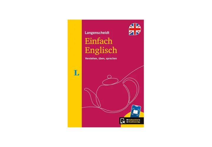 Langenscheidt "Einfach Englisch" Buch mit Teekannen-Illustration. In jeder Silbe steckt ein Lernziel.