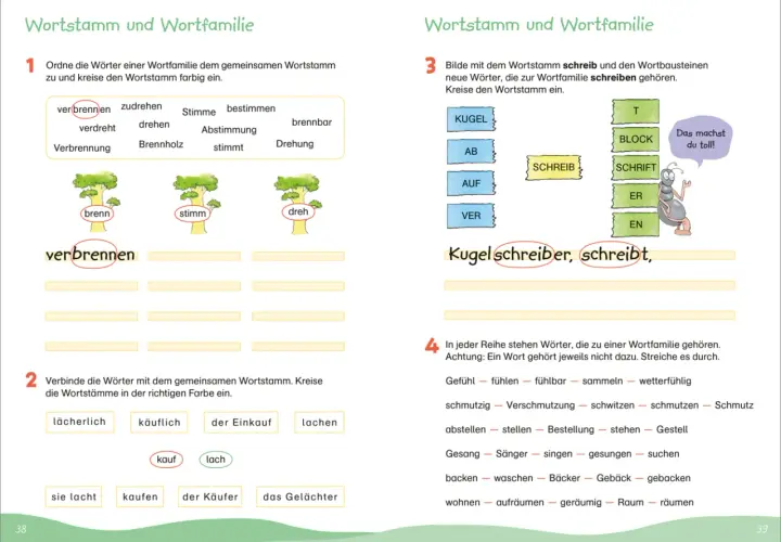 Bilder von Übungen zu Wortfamilien mit Bäumen, Wörtern und einer Ameise.