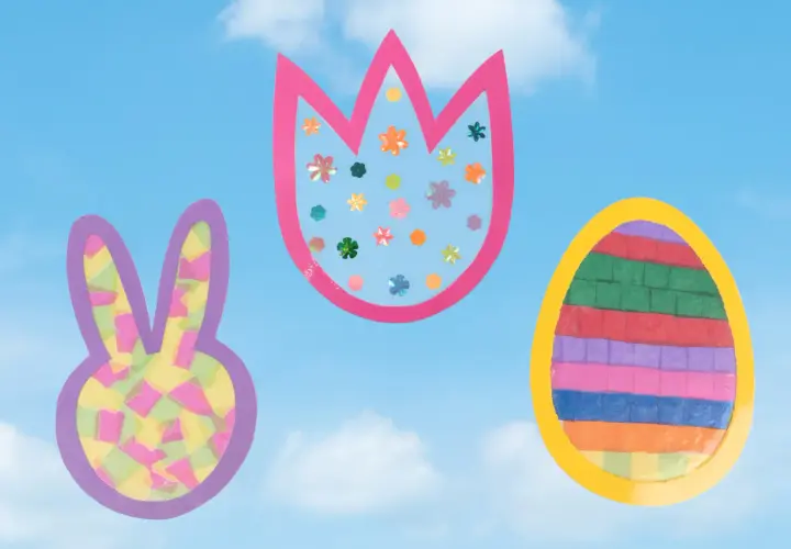 Bunte Fensterbilder Ostern Vorlagen: Hase, Tulpe & Ei vor blauem Himmel mit Wolken. Perfekt zum Basteln!