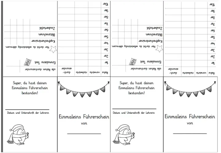 Arbeitsblatt für umkehraufgaben klasse 2 mit Einmaleins-Test, Kopfrechentrainer und Zaubertafel. Kinder können ihre Fortschritte abhaken.