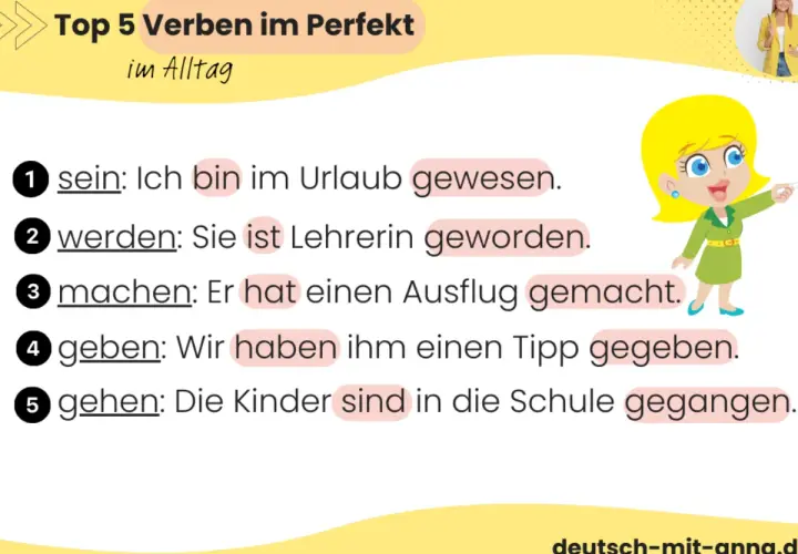 Top 5 Verben im Perfekt für die perfekt Grundschule: sein, werden, machen, geben, gehen. Beispiele für den Alltag.