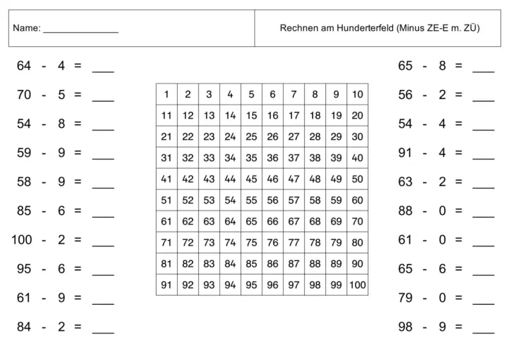 Aufgabenblatt zum Rechnen am Hunderterfeld mit Minusaufgaben. Ein Kind übt subtrahieren.