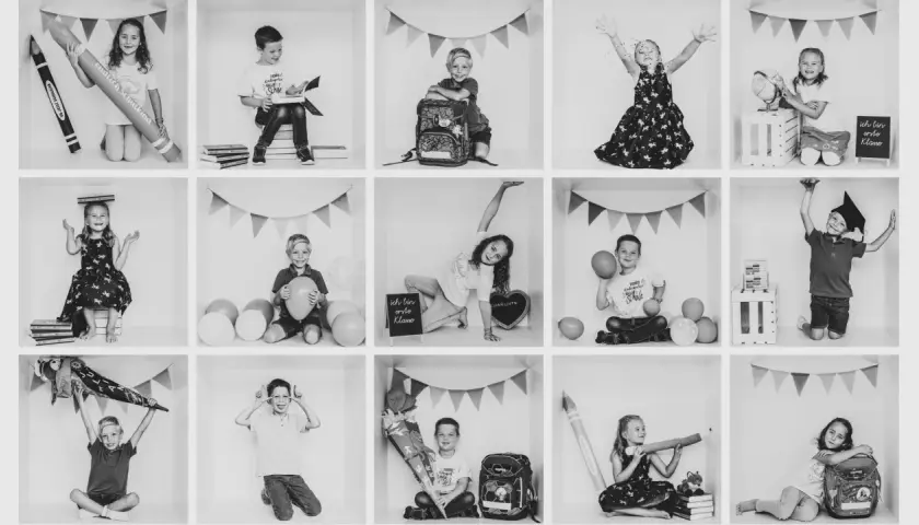 Schulstart-Fotos: Kinder mit riesigem Stift, Schultüte, Ballons und Tafel. Tolle Ideen für Einschulungsfotos!
