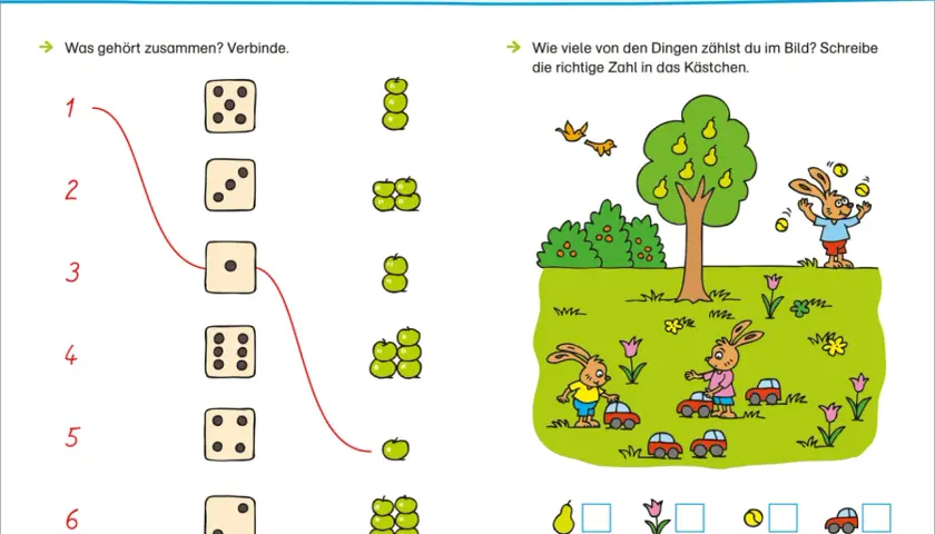 Arbeitsblatt zum Üben von vorschule zahlen: Würfel und Äpfel verbinden, Hasen zählen Autos und Bälle.