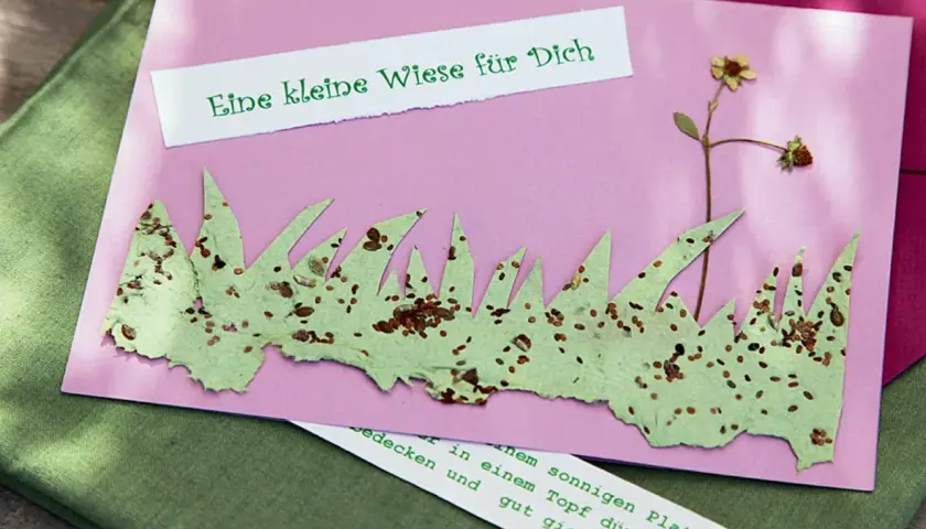 Eine Karte mit selbstgemachtem Samenpapier, das wie Gras aussieht. Darauf steht "Eine kleine Wiese für Dich".