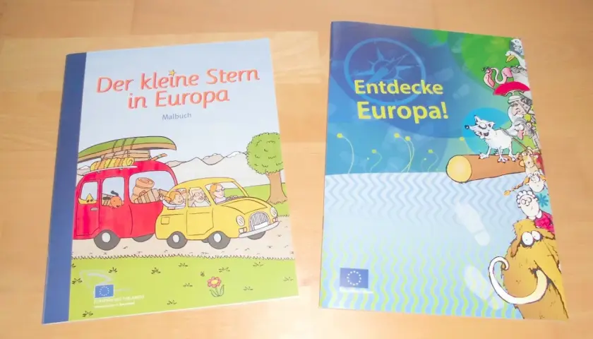 Zwei bunte Bücher für die **Europa Grundschule**: "Der kleine Stern in Europa" (Malbuch) und "Entdecke Europa!".
