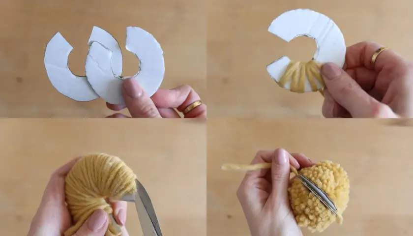 Schritt-für-Schritt-Anleitung zum Bommel basteln mit Pappe. Garn wird um Pappformen gewickelt, dann zugeschnitten und zu einem flauschigen Bommel geformt.
