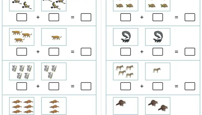 Arbeitsblatt mit Tierbildern zum Üben von Plusaufgaben bis 10. Vögel, Leoparden, Koalas, Schildkröten, Skunks, Zebras, Biber und Waschbären.