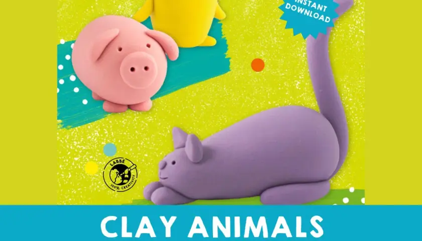 Modelliermasse Ideen: Tiere aus Knete zum Nachmachen. Ein rosa Schwein, ein gelbes Küken und eine lila Katze. Sofort-Download.