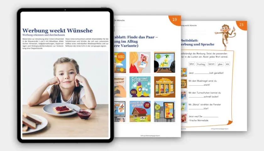 Arbeitsblätter für die Grundschule zum Thema Werbung. Ein Mädchen sitzt am Tisch, daneben ein Arbeitsblatt mit Werbung.