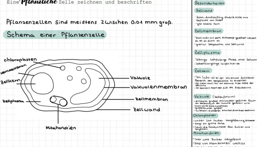 Schema einer Pflanzenzelle mit Mikroskop-Beschriftung der Zellbestandteile wie Zellkern, Zellplasma und Chloroplasten.