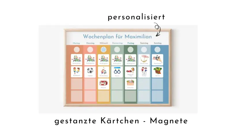 Personalisierter Wochenplan für Kita-Kinder mit Aktivitäten wie Kindergarten, Fußball, Spielbesuch und Familienzeit.