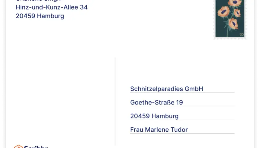 Briefumschlag mit Adressfeldern, Briefmarke mit Anemonen und Scribbr-Logo.