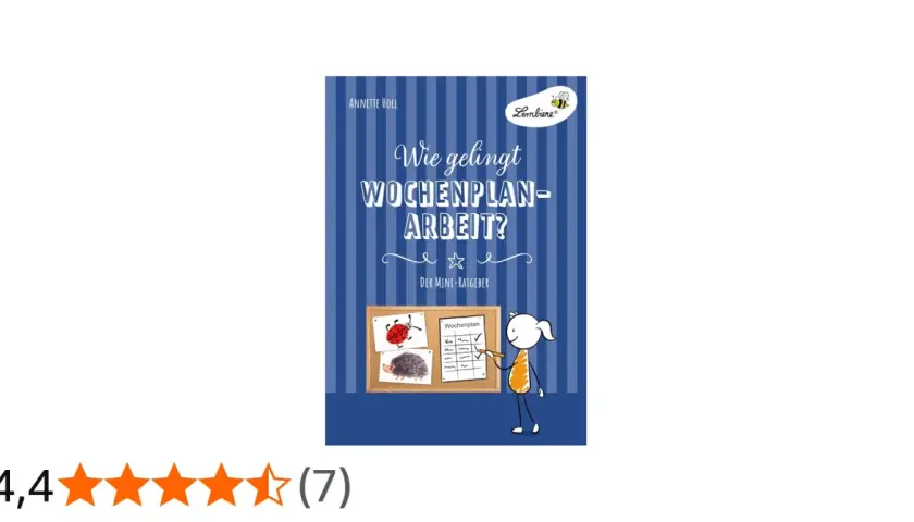Buchcover "Wie gelingt Wochenplan-Arbeit?" mit Illustrationen für die Grundschule. Ein Arbeitsblatt mit Planquadraten ist zu sehen.