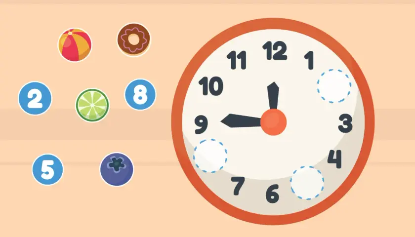 Ein Lernspiel, das Kindern hilft, wann lernen Kinder die Uhr. Bälle, Donuts und Früchte mit Zahlen daneben.