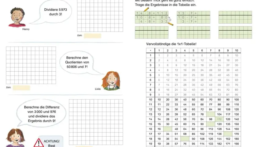 Aufgaben für die 4. Klasse: Division mit Henry, Livia und Melina. Übungen zum Einmaleins und geteilte Aufgaben.