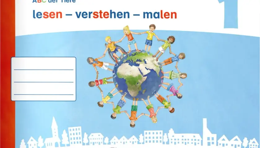 Kinder halten sich um die Erde, um zu lesen, verstehen und malen. Ein Buchcover mit dem Titel "ABC der Tiere".