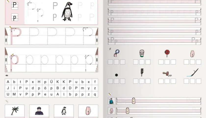 Übungsblatt zum Schreiben von Groß- und Kleinbuchstaben P. Mit Pinguin-Illustration und Übungen zur Druckschrift.