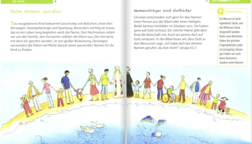 Familien halten Händchen am Strand, ein Hinweis auf die Taufe und die Bedeutung von Namen für die Grundschule.