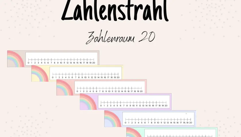Bunte Zahlenstrahlen bis 20 zum Ausdrucken, ideal für den Zahlenraum 20.