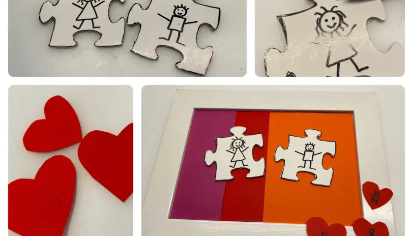 Beim **Puzzle basteln** entstehen zwei Puzzleteile mit Strichmännchen. Gerahmt mit Herzen, ein liebevolles DIY-Projekt.