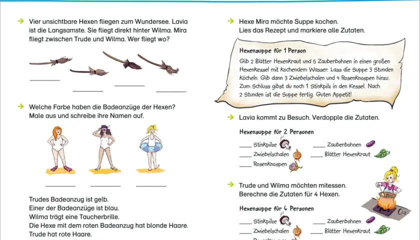 Knobelaufgaben Klasse 1: Hexen bereiten Zaubersuppe zu. Sie fliegen, kochen und verdoppeln Zutaten.