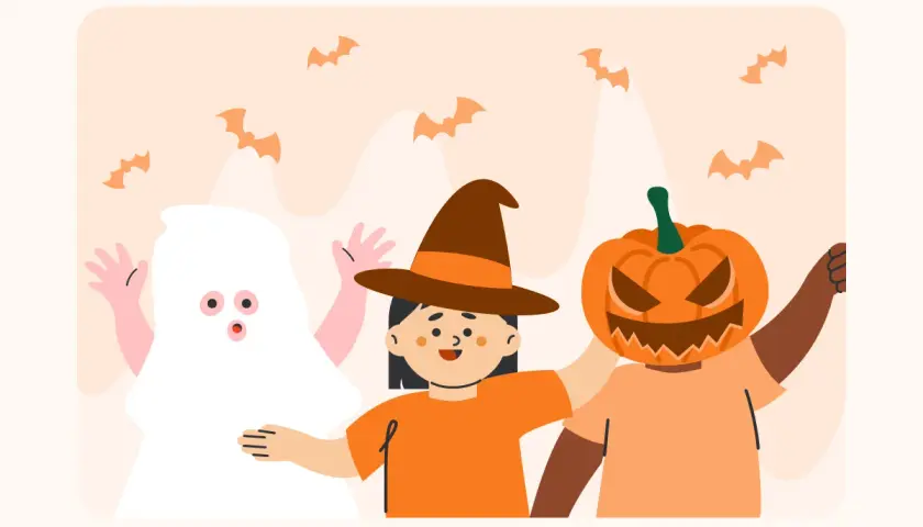 Kinder verkleidet als Geist, Hexe und Kürbis für Halloween basteln in der Kita. Fledermäuse fliegen.