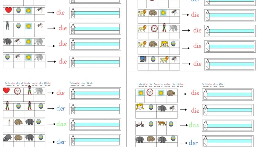 Arbeitsblatt zum Anlaute erkennen: Bilderreihen mit Herz, Ameise, Elefant, Uhr, Computer, Igel, Mädchen, Fahrrad, Kerze, Nashorn, Tiger, Ei. Kinder schreiben die Anlaute.