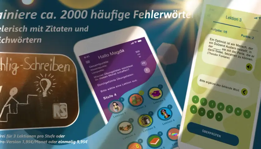 App zum spielerischen Rechtschreibung lernen mit Zitaten. Trainiere ca. 2000 Fehlerwörter.