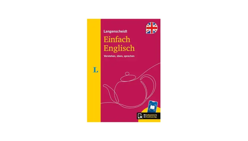 Langenscheidt "Einfach Englisch" Buch mit Teekannen-Illustration. In jeder Silbe steckt ein Lernziel.