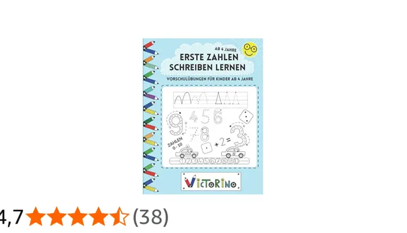 Übungsheft "Erste Zahlen schreiben lernen" für Kinder ab 4 Jahren. Enthält Zahlen von 0-10 zum Nachzeichnen, mit Autos und Würfeln.
