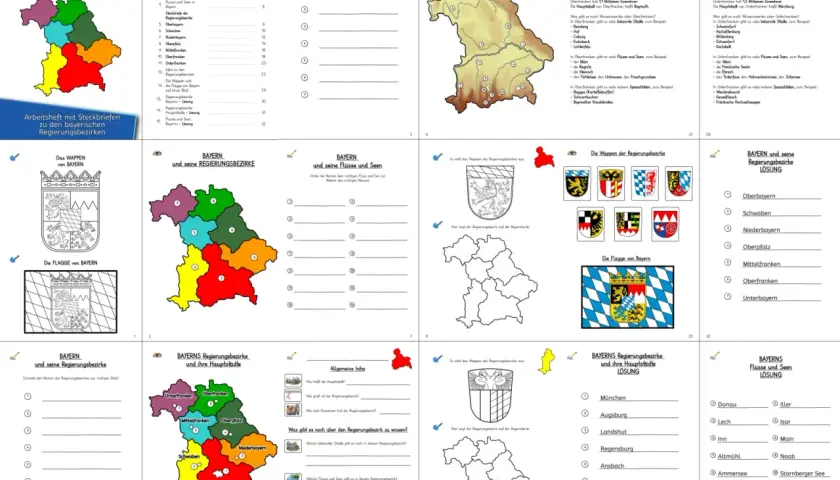 Arbeitsheft zur 4. Klasse Bayern: Regierungsbezirke und ihre Hauptstädte. Hier lernen Kinder die bayerischen Regierungsbezirke kennen.