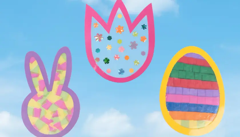 Bunte Fensterbilder Ostern Vorlagen: Hase, Tulpe & Ei vor blauem Himmel mit Wolken. Perfekt zum Basteln!