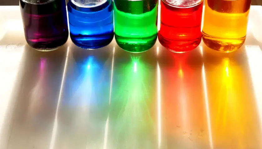 Fünf Gläser mit bunten Flüssigkeiten: lila, blau, grün, rot und gelb. Kinder lieben es, mit diesen Farben zu experimentieren und neue Farbtöne zu kreieren.