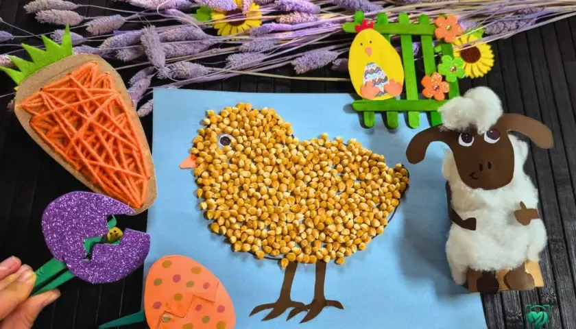 Bunte Osterbastelarbeiten für Kinder: Ein Küken aus Körnern, ein Schaf, Karotte und Ostereier. Schnell und einfach gemacht!