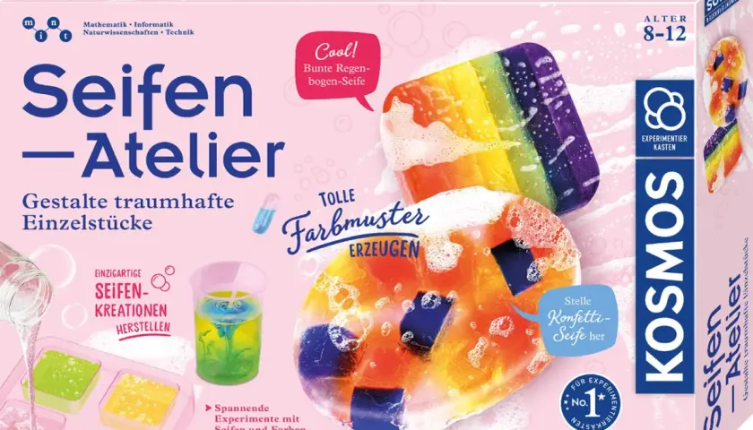 Seifen-Atelier: Kinder können hier bunte Seifen kreieren und tolle Farbmuster erzeugen. Ein spannendes Experimentierset zum Seife selber machen.