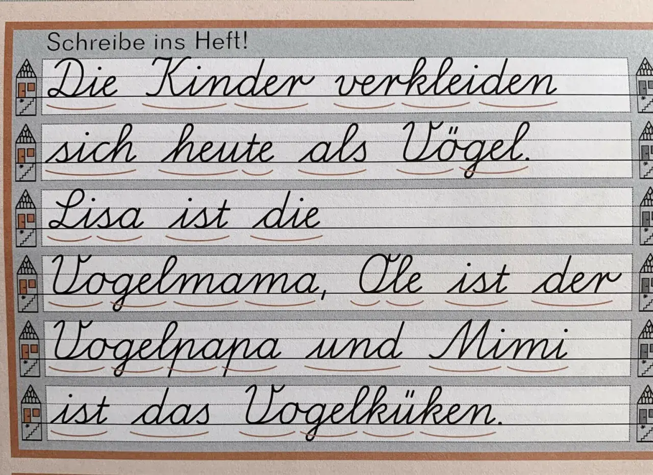 Übung zum Merkspruch: "Die Kinder verkleiden sich heute als Vögel." Geschwungene Buchstaben üben.
