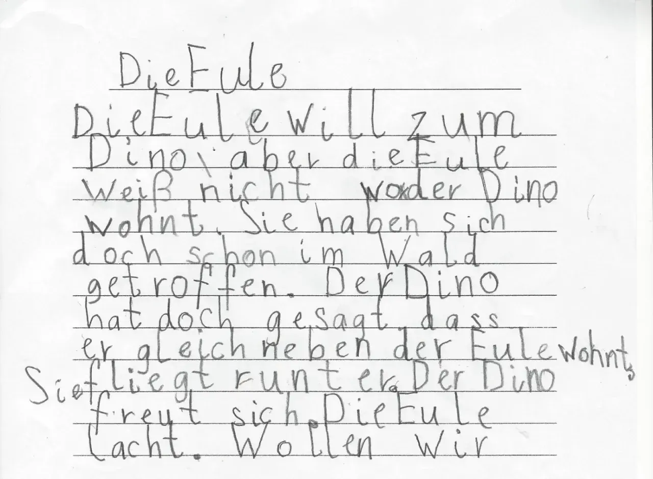 Die Eule will zum Dino, aber sie weiß nicht, wo er wohnt. Sie haben sich im Wald getroffen. Der Dino hat gesagt, dass er neben der Eule wohnt. Sie fliegt runter, der Dino freut sich. Die Eule lacht. Lesen durch Schreiben.