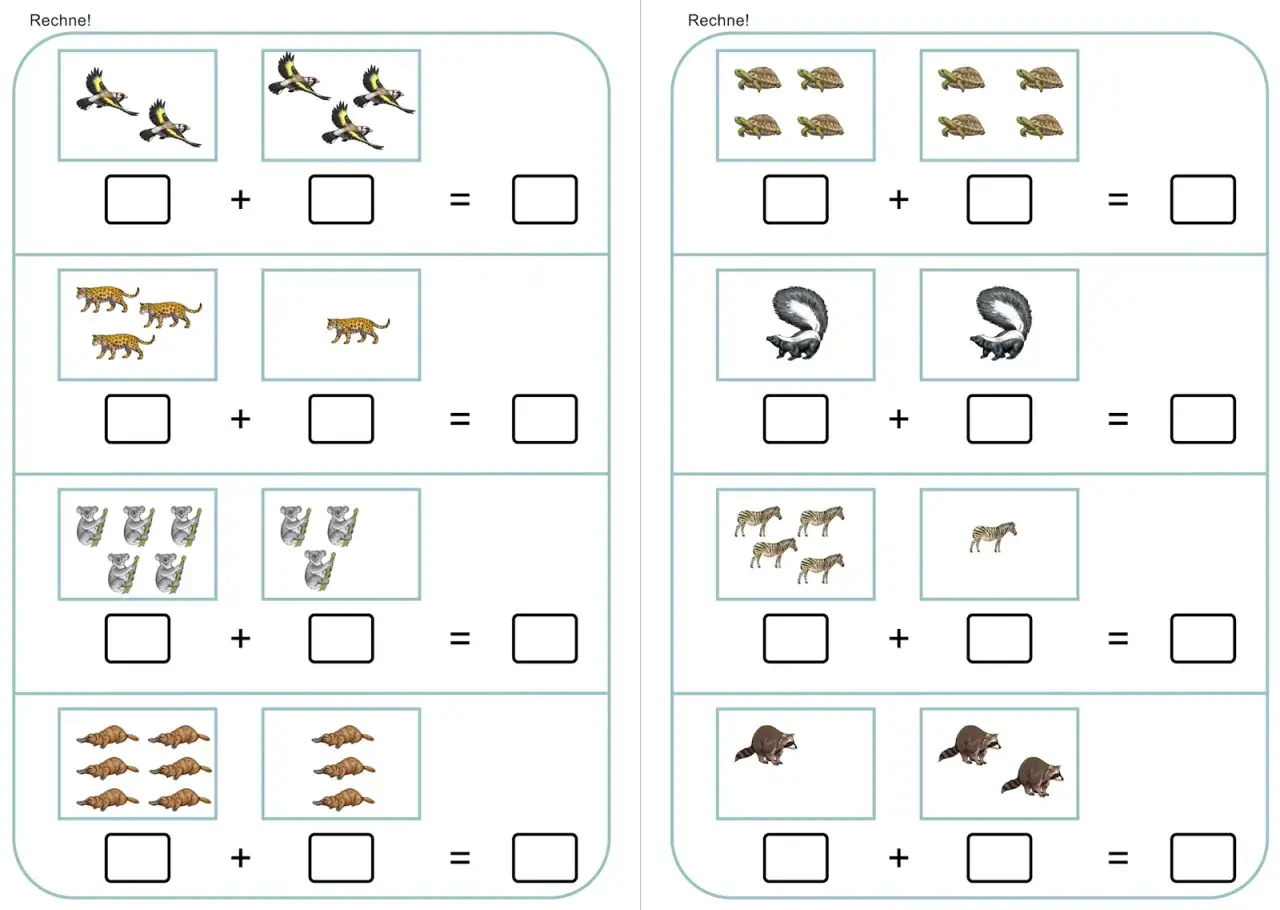 Arbeitsblatt mit Tierbildern zum Üben von Plusaufgaben bis 10. Vögel, Leoparden, Koalas, Schildkröten, Skunks, Zebras, Biber und Waschbären.