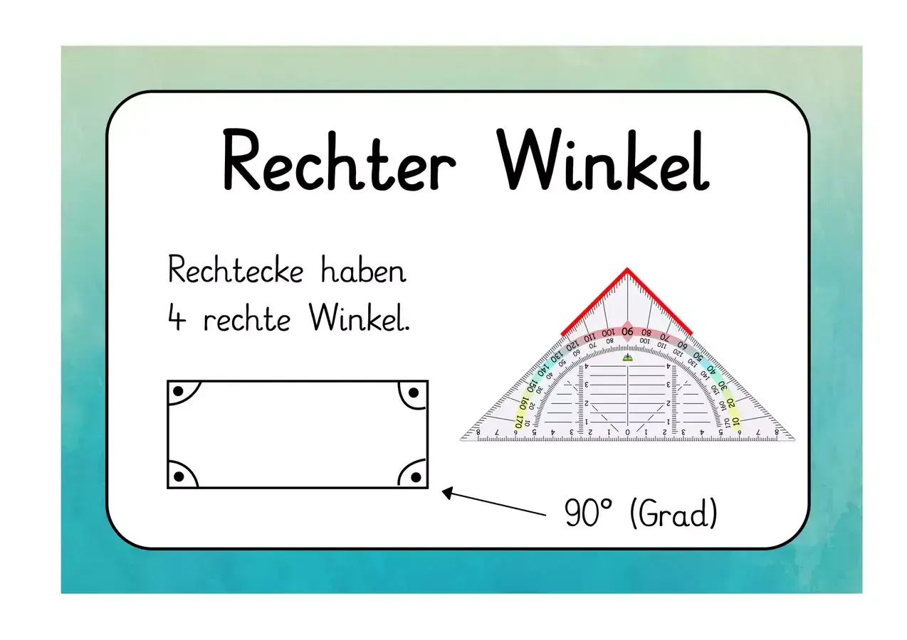 Ein Blatt für die Grundschule erklärt den rechten Winkel. Es zeigt ein Rechteck mit vier rechten Winkeln und ein Geodreieck, das 90° misst.