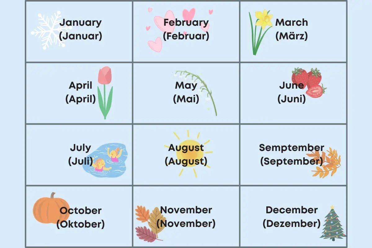 Die englisch Monate Januar bis Dezember, illustriert mit Symbolen wie Schneeflocken, Herzen, Blumen, Erdbeeren, Schwimmern, Sonne, Herbstlaub, Kürbis und Weihnachtsbaum.
