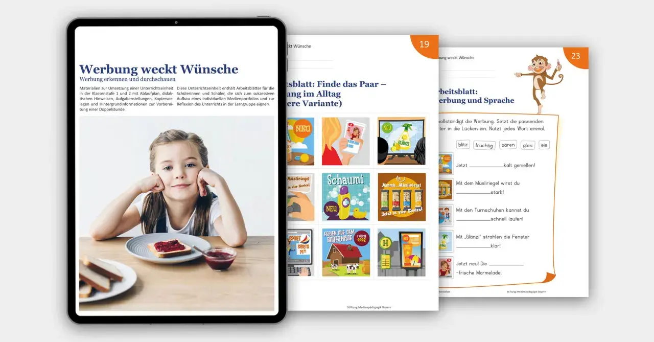 Arbeitsblätter für die Grundschule zum Thema Werbung. Ein Mädchen sitzt am Tisch, daneben ein Arbeitsblatt mit Werbung.