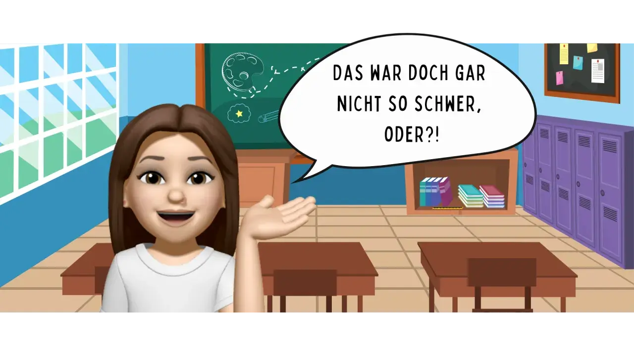 Ein Mädchen in einem Klassenzimmer sagt: "Das war doch gar nicht so schwer, oder?!" Sie hat gerade gelernt, wie man Satzglieder bestimmt.