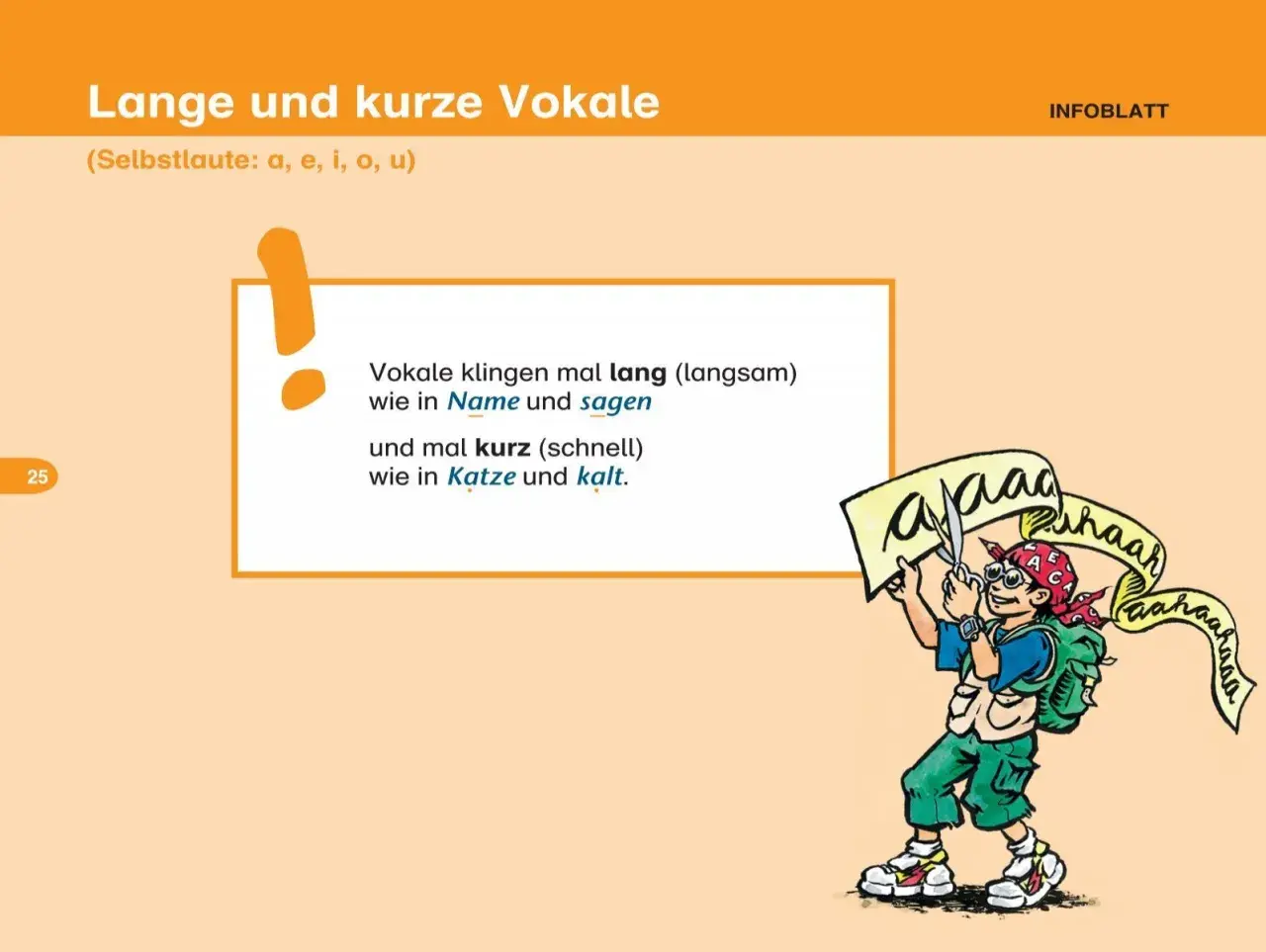 Ein Junge schneidet mit einer Schere ein Banner mit "aaaa" durch. Die Seite erklärt lange und kurze Vokale, eine kurze Selbstlaute Liste.