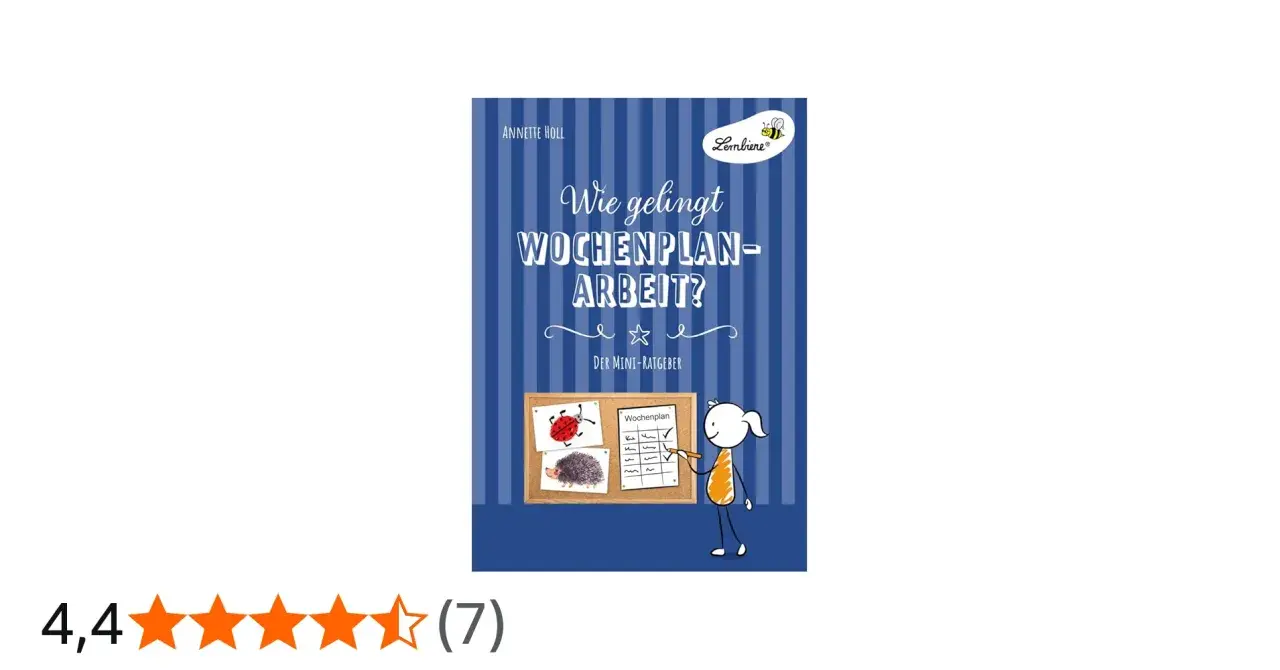Buchcover "Wie gelingt Wochenplan-Arbeit?" mit Illustrationen für die Grundschule. Ein Arbeitsblatt mit Planquadraten ist zu sehen.