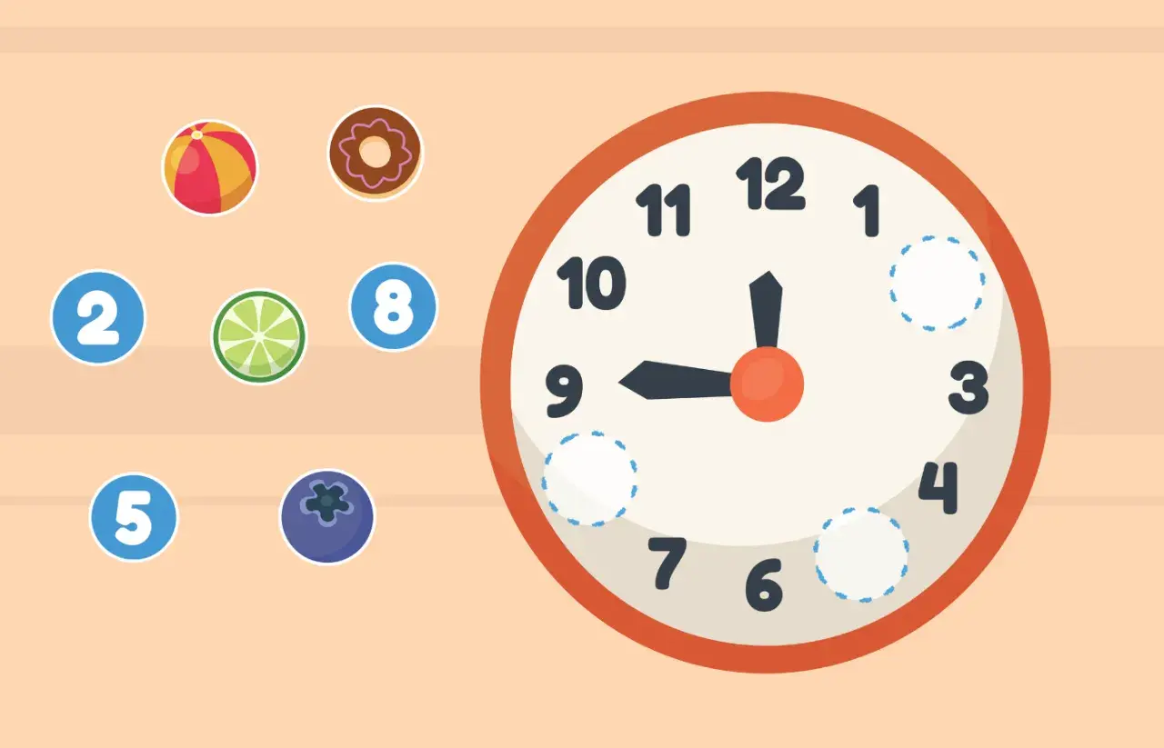 Ein Lernspiel, das Kindern hilft, wann lernen Kinder die Uhr. Bälle, Donuts und Früchte mit Zahlen daneben.
