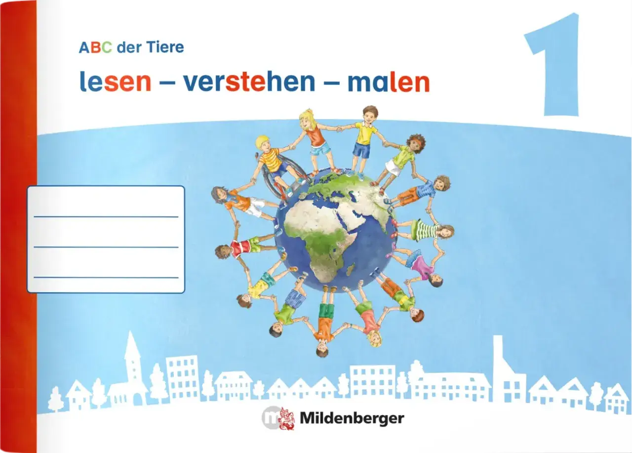Kinder halten sich um die Erde, um zu lesen, verstehen und malen. Ein Buchcover mit dem Titel "ABC der Tiere".