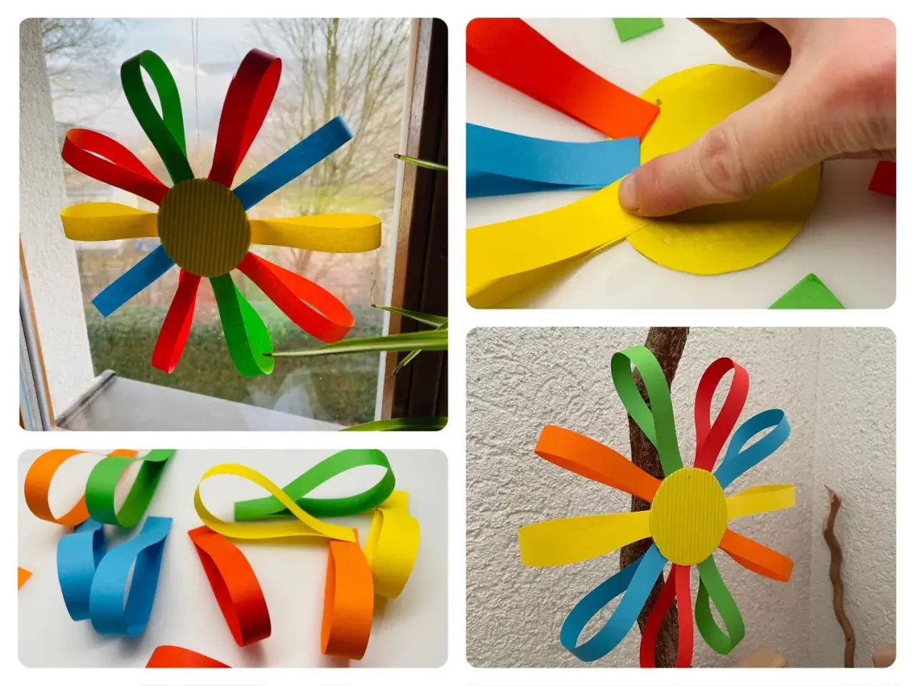Bunte Papierblumen basteln Kinder leicht. Aus Papierstreifen entstehen Blumen, die man aufhängen kann.